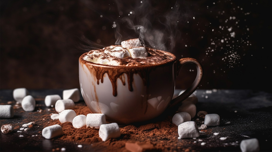 gorąca czekolada podana z piankami i kakao w minimalistycznym kubku